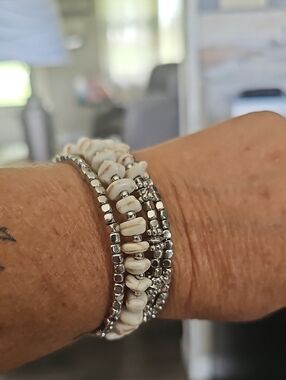 Layered White Shell and Silver Bead Stretch Bracelet - Women Jewelry